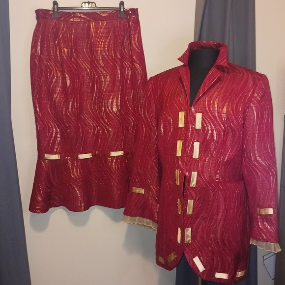 G.O.S.P.E.L. Dresses & Skirts - Vintage G.O.S.P.E.L. Michael Jackson Red Gold Metallic Jacquard Skirt Suit  14W